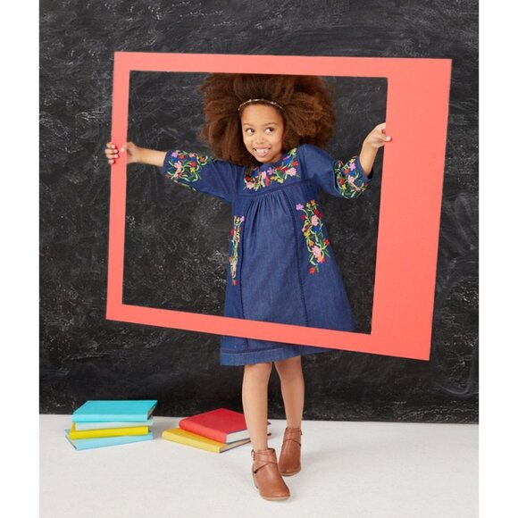 Peek‎ Kids Embroidered Denim Dress M 6–7 Floral Boho India - Picture 1 of 8